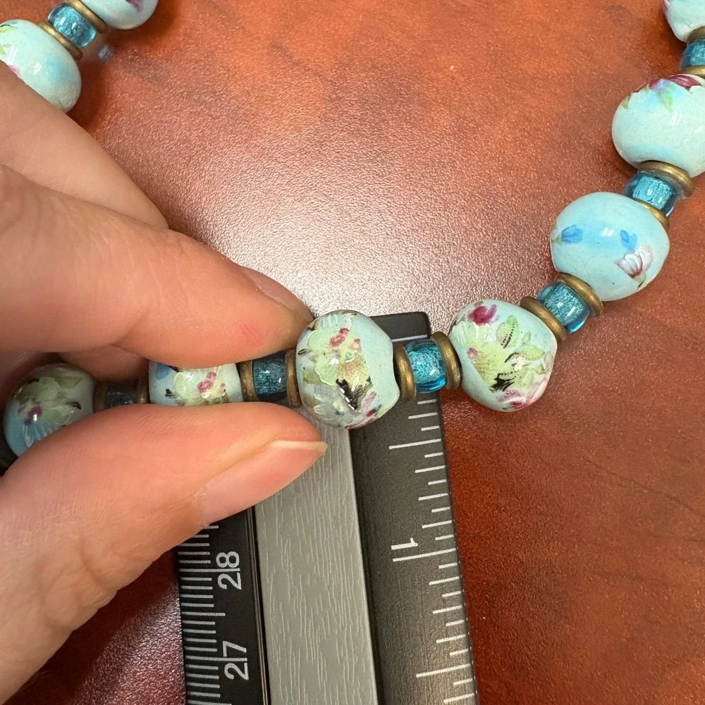 Vintage Floral Ceramic Bead Necklace Turquoise‎ Boho Statement